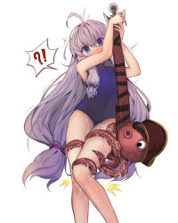Rule 34 | !?, 1girl, ^^^, ahoge, arms up, bad id, bad pixiv id, clinging, covered navel, eyepatch, guitar, hair ribbon, hat, instrument, long hair, low twintails, octopus, one-piece swimsuit, pirate hat, ribbon, school swimsuit, silver hair, simple background, solo, soulworker, speech bubble, stella unibell, stitching, swimsuit, tentacles, trembling, twintails, vgb0568, wet