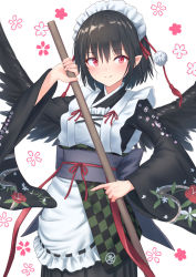 Rule 34 | 1girl, alternate costume, apron, black hair, black kimono, black wings, blush, commentary request, cowboy shot, enmaided, feathered wings, floral print, frilled apron, frills, grey sash, hair between eyes, highres, holding, japanese clothes, kimono, long sleeves, looking at viewer, maid, maid apron, maid headdress, obi, pointy ears, pom pom (clothes), red eyes, red ribbon, ribbon, ribbon trim, roke (taikodon), sash, shameimaru aya, short hair, simple background, solo, standing, tassel, touhou, wa maid, waist cape, white apron, white background, wide sleeves, wings