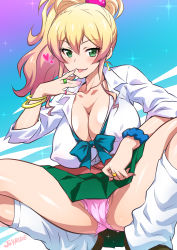 Rule 34 | 10s, 1girl, :p, absurdres, blonde hair, bracelet, breasts, cameltoe, cleavage, cleft of venus, commentary request, covered erect nipples, earrings, green eyes, gyaru, hajimete no gal, heart, highres, huge breasts, impossible clothes, jewelry, joy ride, long hair, looking at viewer, loose socks, naughty face, panties, pink panties, ponytail, presenting, raised eyebrow, ring, school uniform, socks, solo, spread legs, squatting, tongue, tongue out, underwear, yame yukana