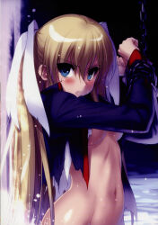 Rule 34 | 1girl, absurdres, bdsm, black jacket, blonde hair, blue eyes, blush, bondage, bound, bound wrists, breasts, chain, chained, eyes visible through hair, groin, hair between eyes, hair ornament, hair ribbon, hands up, highres, jacket, little busters!, long hair, long sleeves, looking at viewer, medium breasts, midriff, naked shirt, navel, no bra, open clothes, open jacket, out-of-frame censoring, parted lips, ribbon, scan, school uniform, shirt, solo, stomach, straight hair, tokido saya, torn clothes, torn jacket, two side up, underboob, v-shaped eyebrows, very long hair, wading, water, wet, white ribbon, zen (kamuro)