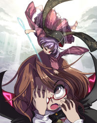 Rule 34 | 2girls, barefoot, bowl, bowl hat, brown eyes, brown hair, cape, cloud, cloudy sky, day, glasses, hand in another&#039;s hair, hand over eye, hat, highres, japanese clothes, kimono, light purple hair, light rays, long sleeves, looking at another, looking at viewer, mini person, minigirl, multiple girls, needle, no headwear, obi, open mouth, outdoors, red-framed eyewear, red eyes, sash, semi-rimless eyewear, sky, smirk, sukuna shinmyoumaru, sunbeam, sunlight, sweat, syope, touhou, under-rim eyewear, uneven eyes, upper body, usami sumireko
