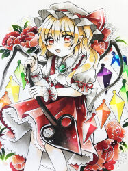 Rule 34 | 1girl, ascot, back bow, blonde hair, bow, brooch, collared shirt, crystal, feet out of frame, flandre scarlet, floral background, flower, frilled shirt collar, frilled sleeves, frills, green brooch, hair between eyes, hat, hat ribbon, highres, holding, holding polearm, holding weapon, jewelry, laevatein (touhou), large bow, leaf, looking at viewer, maa (forsythia1729), marker (medium), medium hair, mob cap, multicolored wings, one side up, open mouth, pointy ears, polearm, red eyes, red flower, red ribbon, red skirt, red vest, ribbon, ribbon-trimmed headwear, ribbon trim, shirt, skirt, skirt set, sleeve ribbon, solo, teeth, touhou, traditional media, upper teeth only, vest, weapon, white ascot, white background, white bow, white hat, white shirt, wings, wrist cuffs