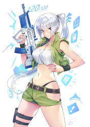 Rule 34 | 1girl, assault rifle, bare arms, bare shoulders, blue eyes, blunt bangs, breasts, bullpup, cleavage, commentary request, commission, cowboy shot, dog tags, green shorts, green vest, gun, highleg, highleg panties, highres, hip vent, holding, holding gun, holding weapon, iwi tavor, large breasts, long hair, looking at viewer, matsuda (matsukichi), midriff, navel, open clothes, open vest, original, panties, parted lips, ponytail, rifle, short shorts, shorts, solo, standing, stomach, strapless, thigh strap, thighs, trigger discipline, tube top, underwear, very long hair, vest, weapon, white hair, wristband