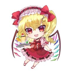 Rule 34 | 1girl, :d, bat wings, black bow, black choker, blonde hair, blush, bow, chibi, choker, commentary request, crystal, curly hair, dress, eyebrows hidden by hair, fang, flandre scarlet, food, frilled dress, frilled hairband, frilled sleeves, frills, hair between eyes, hair bow, hairband, holding, holding tray, long hair, looking at viewer, multicolored wings, open mouth, pudding, puffy short sleeves, puffy sleeves, rainbow order, red bow, red dress, red eyes, red hairband, shirt, short sleeves, side ponytail, simple background, smile, solo, touhou, tray, tsukikusa, white background, white shirt, wings