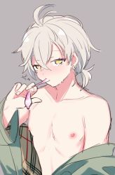 Rule 34 | 1boy, ahoge, androgynous, blush, condom, condom in mouth, grey background, ishihara usumi, kashii kaoru, looking at viewer, mahjong soul, male focus, mouth hold, nipples, short hair, short ponytail, sitting, sketch, solo, sweat, topless male, white hair, yellow eyes