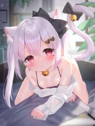 Rule 34 | 1girl, :o, animal ears, bad id, bad pixiv id, bare shoulders, bell, black bow, black camisole, blurry, blurry background, blush, bow, breasts, camisole, cat ears, cat girl, cat tail, collarbone, commentary request, depth of field, ear bow, earrings, facial mark, hair ornament, heart, heart earrings, heart hair ornament, highres, indoors, jewelry, jingle bell, long hair, long sleeves, looking at viewer, nail polish, off shoulder, on bed, open clothes, open shirt, original, parted lips, red eyes, red nails, shirt, silver hair, sleeves past wrists, small breasts, solo, tail, tail bell, tail bow, tail ornament, tail raised, tsukiman, twintails, white shirt