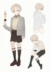 Rule 34 | 1boy, absurdres, ag (ag nkfg), black shorts, black socks, blush, brown footwear, child, closed mouth, collared shirt, highres, jacket, kneehighs, long sleeves, male focus, multiple views, necktie, open clothes, open jacket, orange eyes, original, shirt, shoes, shorts, simple background, socks, standing, sweater vest, white shirt, yellow necktie