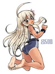 Rule 34 | 10s, 1girl, ass, barefoot, blonde hair, blush, character name, dark skin, feet, kantai collection, light soles, looking back, open mouth, oyatsu (mk2), ro-500 (kancolle), soles, swimsuit, tan, tanline, toes, tongue