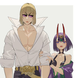 Rule 34 | 1boy, 1girl, absurdres, arm grab, bare pectorals, bare shoulders, black pants, blonde hair, bob cut, breasts, collared shirt, eyeliner, fate/grand order, fate (series), highres, horns, japanese clothes, kimono, large pectorals, looking at viewer, makeup, muscular, oni, open clothes, open kimono, open mouth, open shirt, pants, pectoral cleavage, pectorals, purple eyes, purple hair, purple kimono, sakata kintoki (fate), shirt, short hair, shuten douji (fate), skin-covered horns, small breasts, sunglasses, sweatdrop, white shirt, zhibuji loom
