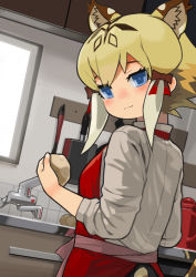 Rule 34 | 1girl, :3, absurdres, animal ear fluff, animal ears, apron, backlighting, blonde hair, blue eyes, blush, bow, cabinet, closed mouth, coffee pot, collared shirt, cooking, counter, dutch angle, extra ears, eyebrows, eyelashes, eyes visible through hair, faucet, food, from behind, from side, frying pan, hair bow, hand up, highres, holding, holding food, indoors, jitome, kemono friends, kitchen, long sleeves, looking at viewer, looking back, looking to the side, multicolored hair, nose blush, potato, red apron, red bow, rinx, shirt, short hair, sidelocks, sink, sleeves rolled up, smile, smilodon (kemono friends), solo, standing, swept bangs, tail, tiger ears, tiger girl, tiger tail, tiles, two-tone hair, upper body, wall, white shirt, window