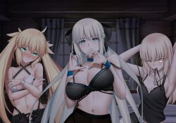 3girls absurdres artoria_caster_(fate) artoria_caster_(swimsuit_berserker)_(fate) artoria_caster_(swimsuit_berserker)_(first_ascension)_(fate) artoria_pendragon_(fate) bare_shoulders black_bra black_negligee blue_eyes bra breasts cleavage fate/grand_order fate_(series) highres indoors large_breasts long_hair longdq3008 morgan_le_fay_(fate) mouth_hold multiple_girls navel saber_alter saber_alter_(ver._shinjuku_1999) underwear upper_body white_bra