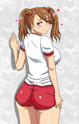 Rule 34 | 10s, 1girl, ass, breasts, brown eyes, brown hair, female focus, gundam, gundam build fighters, gundam build fighters try, hair ornament, heart, large breasts, looking at viewer, marupuni, panties, pantyshot, sazaki kaoruko, shiny clothes, shiny skin, smile, solo, sweat, twintails, underwear