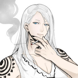 Rule 34 | 1boy, alternate hair color, arm tattoo, black nails, blue eyes, cigarette, fate/grand order, fate (series), highres, holding, holding cigarette, long hair, looking at viewer, male focus, no eyewear, shirt, shoulder tattoo, simple background, smoke, solo, tattoo, tezcatlipoca (fate), upper body, vivienne32640, white background, white hair, white shirt