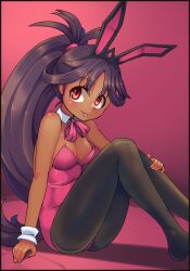 Rule 34 | 1girl, alternate costume, arm support, black hairband, black pantyhose, blush, borokuro, breasts, cleavage, closed mouth, commentary request, creatures (company), dark-skinned female, dark skin, detached sleeves, eyelashes, from side, game freak, hair rings, hairband, highres, iris (pokemon), leotard, long hair, looking to the side, medium breasts, neck ribbon, nintendo, pantyhose, pink leotard, pink ribbon, playboy bunny, pokemon, pokemon bw2, ponytail, purple hair, red eyes, ribbon, sitting, smile, solo, tongue, tongue out, wrist cuffs