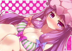Rule 34 | 1girl, bare shoulders, blush, bow, bra, breasts, cleavage, female focus, hair bow, hat, large breasts, long hair, looking at viewer, patchouli knowledge, purple eyes, purple hair, sidelocks, solo, striped bra, striped clothes, touhou, underwear, underwear only, very long hair, yuki usagi (snowcanvas)
