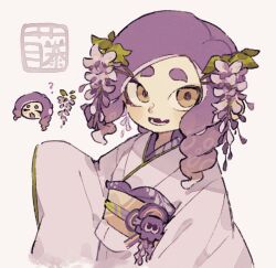 Rule 34 | 1girl, ?, chibi, chibi inset, colored tongue, commentary request, cropped torso, curly hair, fang, flower, hair flower, hair ornament, hand up, highres, japanese clothes, kimono, long hair, nintendo, obi, obijime, octoling, octoling girl, octoling player character, open mouth, p0m4 p0m4, purple flower, purple hair, purple kimono, purple tongue, sash, simple background, skin fang, sleeves past fingers, sleeves past wrists, solo, splatoon (series), splatoon 3, tentacle hair, thick eyebrows, translation request, twitter username, watermark, white background, wide sleeves, yellow eyes