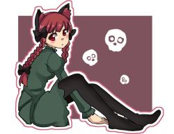 Rule 34 | 1girl, animal ear fluff, animal ears, between legs, black bow, black pantyhose, blunt bangs, blush, border, bow, braid, breasts, cat ears, dress, extra ears, eyebrows hidden by hair, from side, full body, green dress, hair bow, hair ribbon, hand between legs, juliet sleeves, kaenbyou rin, knees up, long hair, long sleeves, no tail, one-hour drawing challenge, outline, outside border, pantyhose, parted lips, puffy sleeves, purple background, red eyes, red hair, renshirenji, ribbon, sitting, skull, small breasts, solo, touhou, tress ribbon, twin braids, twintails, white border, white outline