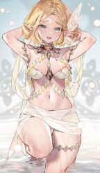 Rule 34 | 1girl, aqua eyes, armpits, arms behind head, arms up, bare shoulders, bikini, blonde hair, blush, breasts, cleavage, collarbone, hair ornament, highres, kneeling, looking at viewer, medium breasts, navel, nintendo, open mouth, parted bangs, pointy ears, princess zelda, sarong, shell, shell bikini, short hair, shuri (84k), smile, solo, swimsuit, the legend of zelda, the legend of zelda: breath of the wild, the legend of zelda: tears of the kingdom, thick eyebrows, twitter username, wading, wet, white bikini