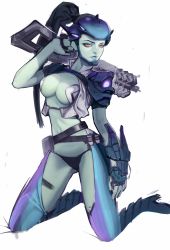 Rule 34 | 1girl, absurdres, bad id, bad pixiv id, black hair, boots, breasts, colored skin, gun, highres, huan tuo, kneeling, lips, long hair, medium breasts, overwatch, overwatch 1, ponytail, purple skin, rifle, simple background, sniper rifle, solo, weapon, widowmaker (overwatch), yellow eyes