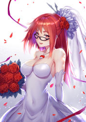 Rule 34 | 1girl, alternate costume, bare shoulders, commission, dress, elbow gloves, flower, glasses, gloves, hair flower, hair ornament, happy, jewelry, karin (naruto), long hair, naruto, naruto (series), necklace, raijuu (bakanara), red eyes, red flower, red hair, red ribbon, ribbon, simple background, solo, wedding dress, white dress, white gloves