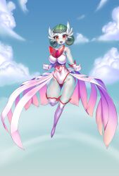 Rule 34 | 1girl, above clouds, absurdres, adapted costume, alternate costume, bare shoulders, blue sky, blush, bob cut, breasts, cameltoe, cleft of venus, clenched hands, cloud, collarbone, colored skin, covered erect nipples, covered navel, creatures (company), day, female focus, floating, full body, game freak, gardevoir, gen 3 pokemon, gloves, gluteal fold, green hair, hands up, happy, headband, highres, hitmanatee, knees together feet apart, large breasts, leg up, light blush, looking at viewer, mega gardevoir, mega pokemon, midair, nintendo, open mouth, outdoors, over-kneehighs, poke ball symbol, pokemon, pokemon (creature), red eyes, red trim, short hair, showgirl skirt, skin tight, skirt, sky, smile, solo, teeth, thighhighs, thighs, transparent, white gloves, white headband, white skin, white skirt, white thighhighs, wide hips
