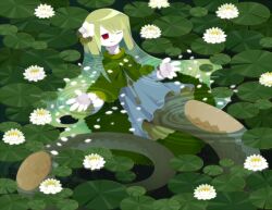 Rule 34 | 1girl, afloat, day, flower, from above, funamusea, funamusea (artist), green hair, haiiro teien, hair between eyes, hair ornament, lamia, lily pad, long hair, long sleeves, lotus, monster girl, nature, one eye closed, outdoors, partially submerged, petals, petals on liquid, plant, pond, red eyes, ripples, sin (funamusea), skirt, solo, tail, very long hair, water, water lily flower