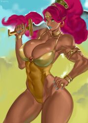 Rule 34 | 1girl, abs, absurdres, bracelet, breasts, choker, cleavage, dark-skinned female, dark skin, earrings, female focus, gerudo, green eyes, highres, jewelry, large breasts, lipstick, makeup, muscular, muscular female, nail polish, nintendo, one-piece swimsuit, pointy ears, ragecndy, red hair, sky, solo, swimsuit, sword, the legend of zelda, the legend of zelda: breath of the wild, thighs, tiara, urbosa, weapon