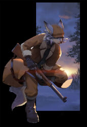 1boy animal_ears black_footwear boots brown_hat brown_jacket brown_pants claws dog_nose fate/grand_order fate_(series) fingerless_gloves flat_cap fur-trimmed_jacket fur_trim furry furry_male gloves grass grey_fur grey_hair gun hat highres holding holding_gun holding_weapon i_lokey jacket long_gun long_hair looking_to_the_side male_focus newsboy_cap open_mouth pants patxi_(fate) rifle signature snow sunrise tail tall_grass tree weapon wolf_boy wolf_ears wolf_tail