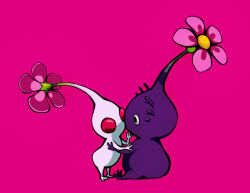 Rule 34 | bad id, bad pixiv id, black eyes, colored skin, flower, hand on another&#039;s face, hug, implied kiss, itatata miruku, looking at another, nintendo, no humans, pikmin (creature), pikmin (series), pink background, pink flower, purple hair, purple pikmin, purple skin, red eyes, short hair, sitting, solid circle eyes, third-party source, very short hair, white pikmin, white skin