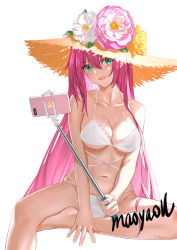 Rule 34 | 1girl, :d, azur lane, bare arms, bare legs, bare shoulders, barefoot, bikini, blush, breasts, cellphone, cleavage, collarbone, flower, green eyes, hat, hat flower, highres, holding, large breasts, looking at viewer, maoyao-ll, navel, official alternate costume, open mouth, phone, pink flower, pink hair, selfie stick, short hair, signature, sitting, smartphone, smile, solo, straw hat, surcouf (azur lane), surcouf (loisirs balneaires) (azur lane), swimsuit, white bikini, white flower, yellow flower, yellow hat