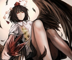 Rule 34 | 1girl, bird wings, black feathers, black hair, black skirt, black wings, closed mouth, convenient leg, dress shirt, feathered wings, feathers, hat, hauchiwa, hekiyama yurika, knees up, leaf print, looking at viewer, pom pom (clothes), puffy short sleeves, puffy sleeves, red eyes, shameimaru aya, shirt, short hair, short sleeves, sketch, skirt, smile, solo, tokin hat, touhou, white shirt, wings