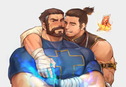 Rule 34 | 2boys, bandages, bara, beads, beard, black tank top, blue fire, blue shirt, blush, cheek-to-cheek, draconid (dungeon and fighter), exorcist (dungeon and fighter), facial hair, fire, hand on another&#039;s chest, heads together, highres, justice (dungeon and fighter), male priest (dungeon and fighter), mature male, monk (dungeon and fighter), multicolored hair, multiple boys, muscular, muscular male, mustache, ponytail, priest (dungeon and fighter), rosary, sdz (inazuma), shirt, sideways glance, smile, streaked hair, stubble, talisman, tank top, tight clothes, tight shirt, white hair, yaoi