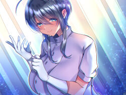 Rule 34 | 1girl, adjusting clothes, adjusting gloves, ahoge, aizawa chihiro, black hair, blue eyes, breasts, buttons, curtains, elbow gloves, gloves, hair between eyes, large breasts, long hair, nurse, official art, original, short sleeves, smile, solo, sparkle, upper body, white gloves