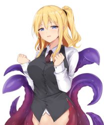 Rule 34 | 1girl, absurdres, black vest, blonde hair, blue eyes, breasts, buttons, clenched hands, collared shirt, dinosaurus (azimangasaurus), existence, game cg, hair between eyes, half-closed eyes, hands up, highres, large breasts, long hair, long sleeves, looking at viewer, monster girl, necktie, nell (existence), open mouth, ponytail, scylla, shirt, side ponytail, sidelocks, simple background, solo, standing, suction cups, tentacles, vest, white background, white shirt, wing collar