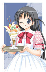 Rule 34 | 00s, 1girl, black hair, blue eyes, bow, food, ice cream, long hair, one eye closed, parfait, pocky, puffy sleeves, ribbon, school rumble, short twintails, smile, solo, striped, tongue, tsukamoto tenma, twintails, two side up, waitress
