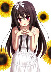 Rule 34 | 1girl, absurdres, amatsutsumi, bare shoulders, black hair, blush, breasts, dress, flower, hair ribbon, hairband, highres, long hair, looking at viewer, nase, open mouth, oribe kokoro, red eyes, ribbon, solo, steepled fingers, sundress, sunflower, very long hair, white background