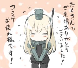 Rule 34 | 10s, 1girl, bad id, bad twitter id, black dress, black legwear, blonde hair, blush, chibi, comiket, commentary request, dress, engiyoshi, closed eyes, garrison cap, hat, kantai collection, long hair, long sleeves, military, military uniform, puffy long sleeves, puffy sleeves, simple background, solo, translation request, u-511 (kancolle), uniform