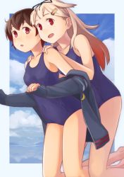 Rule 34 | 10s, 2girls, alternate costume, bad id, bad pixiv id, bare legs, bare shoulders, blonde hair, blue one-piece swimsuit, blurry, brown eyes, brown hair, cloud, cloudy sky, day, depth of field, gradient hair, hair between eyes, hair flaps, hair ornament, hairclip, hands on another&#039;s shoulders, kantai collection, kneeling, long hair, looking at viewer, makio (makiomeigenbot), multicolored hair, multiple girls, mutsuki (kancolle), one-piece swimsuit, open mouth, red hair, school swimsuit, short hair, sky, swimsuit, thighs, yuudachi (kancolle)