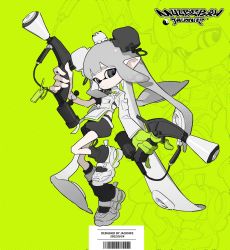 Rule 34 | 1girl, arknights, gloves, green background, grey hair, highres, inkling player character, jacknife, mulberry (arknights), solo, twitter