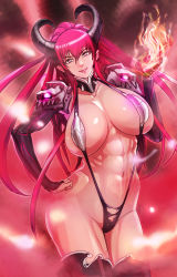 Rule 34 | 1girl, abs, breasts, demon girl, female focus, fire, hand on own hip, highres, hip focus, horns, huge breasts, long hair, muscular, navel, original, pink eyes, red hair, ribs, shoulder pads, slingshot swimsuit, solo, demon girl, swimsuit, thighhighs, usatarou