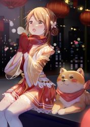 Rule 34 | 1girl, blush, breath, brown eyes, brown hair, coat, commentary request, dog, gloves, hair ornament, hairclip, highres, open mouth, original, outdoors, red gloves, scarf, shiba inu, sitting, snow, snowing, thighhighs, white thighhighs, you hashira