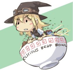 Rule 34 | 1girl, beefbowl, borrowed character, bowl, chibi, cup, english text, engrish text, food, goggles, hat, in container, in cup, john su, lowres, meandros, mini person, minigirl, noodles, original, ranguage, snickurs, solo, typo