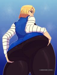 Rule 34 | 1girl, android 18, artist name, ascended cake, ass, ass focus, ass grab, blonde hair, blue eyes, dragon ball, dragonball z, from behind, grabbing own ass, highres, huge ass, long sleeves, looking at viewer, looking back, pantyhose, short hair, skirt, solo, thick thighs, thighs
