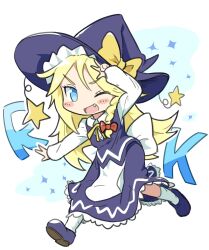 Rule 34 | 1girl, apron, berazasu, blonde hair, blue eyes, blush, bow, braid, character name, chibi, collared shirt, commentary, cookie (touhou), fang, flat chest, full body, grey footwear, grey hat, grey skirt, grey vest, hat, hat ornament, highres, kirisame marisa, long hair, long sleeves, looking at viewer, medium bangs, one eye closed, open mouth, red bow, ruka (cookie), shirt, side braid, single braid, skirt, skirt set, smile, socks, solo, sparkle, star (symbol), star hat ornament, touhou, vest, waist apron, white apron, white background, white shirt, white socks, witch hat, yellow bow