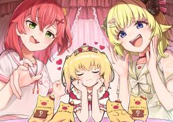 Rule 34 | 3girls, akai haato, akai haato (6th costume), animal ears, belt, blonde hair, blush, choker, closed eyes, closed mouth, commentary request, crown, dress, drooling, green eyes, haaton (akai haato), hair ornament, hairpin, hololive, horns, long hair, looking at viewer, medeshima marota, medium hair, mouth drool, multiple girls, official alternate costume, open mouth, pink hair, pink shirt, pink skirt, ponytail, purple eyes, red choker, ribbon choker, sakura miko, sakura miko (school uniform), sheep ears, sheep girl, sheep horns, shirt, side ponytail, skirt, smile, teeth, tsunomaki watame, tsunomaki watame (street casual), twintails, two side up, upper teeth only, virtual youtuber, wavy mouth, white belt, white dress, white shirt, white skirt, x hair ornament