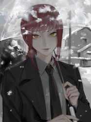 Rule 34 | 1girl, black necktie, chainsaw man, day, highres, holding, holding umbrella, kamo (kamonegioisi), lips, looking at viewer, makima (chainsaw man), necktie, outdoors, ringed eyes, snow, snowing, solo, twitter username, umbrella, upper body, yellow eyes