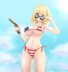 1girl absurdres ahoge american_flag american_flag_bikini american_flag_print bikini blonde_hair blue_eyes blue_headband blue_sky cloud cloudy_sky day flag_print girls&#039;_frontline grumbler2393 gun handgun headband highres holding holding_gun holding_weapon m1911 m1911_(girls&#039;_frontline) print_bikini sky solo sunglasses swimsuit weapon