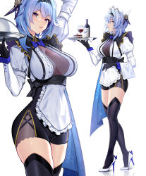 Rule 34 | 1girl, 95---, absurdres, alternate costume, apron, arm up, black gloves, black hairband, blue bow, blue hair, blush, bottle, bow, breasts, cowboy shot, cup, drinking glass, enmaided, eula (genshin impact), frilled apron, frills, from side, full body, genshin impact, glass, gloves, hair ornament, hairband, hand up, high heels, highres, holding, holding tray, juliet sleeves, large breasts, long sleeves, maid, maid apron, multiple views, parted lips, puffy sleeves, sash, simple background, thighhighs, thighs, tray, two-tone footwear, white apron, white background, white footwear, wine bottle, wine glass, zettai ryouiki