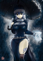 Rule 34 | 1girl, belt, black eyes, blue hair, breasts, closed mouth, curly hair, fairy tail, fur-trimmed headwear, fur collar, fur trim, hat, highres, holding, holding umbrella, juvia lockser, large breasts, leg tattoo, looking at viewer, rain, smile, solo, tattoo, the golden smurf, thighs, umbrella, wide hips