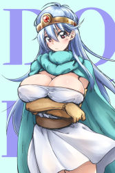 Rule 34 | 1girl, blue hair, breast hold, breasts, cape, circlet, cleavage, dragon quest, dragon quest iii, dress, elbow gloves, covered erect nipples, gloves, hair between eyes, large breasts, long hair, looking at viewer, mikagami sou, red eyes, sage (dq3), short dress, solo, strapless, strapless dress, very long hair, white dress